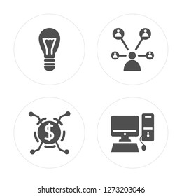 4 Light bulb, Distribution, Network, Computer modern icons on round shapes, vector illustration, eps10, trendy icon set.
