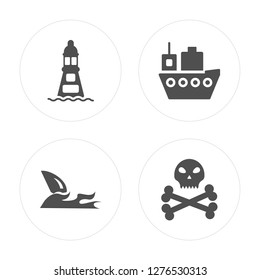 4 Lighthouse, Shark, Ship, Skull and bones modern icons on round shapes, vector illustration, eps10, trendy icon set.