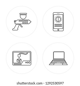 4 line Airbrush, 3d printer, Brightness, Laptop modern icons on round shapes, Airbrush, 3d printer, Brightness, Laptop vector illustration, trendy linear icon set.