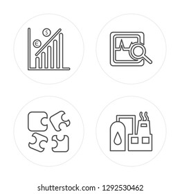 4 line Analytics, Puzzle, Analytics, Factory modern icons on round shapes, Analytics, Puzzle, Analytics, Factory vector illustration, trendy linear icon set.