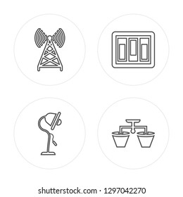 4 line Antenna, Lamp, Switch, Lamp modern icons on round shapes, Antenna, Lamp, Switch, Lamp vector illustration, trendy linear icon set.