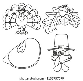 4 line art black and white thanksgiving elements. Autumn turkey bird and plants. Fall festival themed vector illustration for icon, label, sticker, badge, gift card, certificate or flayer decoration