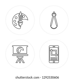 4 line Art Palette, Canvas, Compass, Crop modern icons on round shapes, Art Palette, Canvas, Compass, Crop vector illustration, trendy linear icon set.