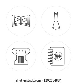 4 line Audiobook, Greek pillar, Hand bell, Clipboard with A+ modern icons on round shapes, Audiobook, Greek pillar, Hand bell, Clipboard with A+ vector illustration, trendy linear icon set.