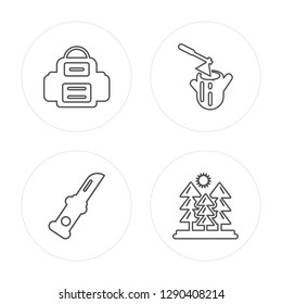 4 line Backpack, Knife, Axe, Pines modern icons on round shapes, Backpack, Knife, Axe, Pines vector illustration, trendy linear icon set.