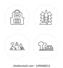 4 line Backpack, Mountain, Trees, Picnic modern icons on round shapes, Backpack, Mountain, Trees, Picnic vector illustration, trendy linear icon set.