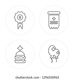 4 line Badge, Burger, Certificate, Balloons modern icons on round shapes, Badge, Burger, Certificate, Balloons vector illustration, trendy linear icon set.