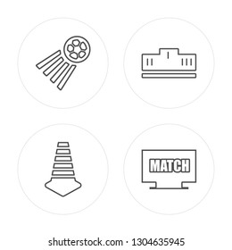 4 line Ball, Cone, Podium, Tv modern icons on round shapes, Ball, Cone, Podium, Tv vector illustration, trendy linear icon set.