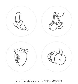 4 line Banana, Strawberry, Cherry, Apple modern icons on round shapes, Banana, Strawberry, Cherry, Apple vector illustration, trendy linear icon set.