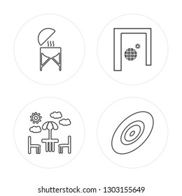 4 line Bbq, Terrace, Solstice, Disc golf modern icons on round shapes, Bbq, Terrace, Solstice, Disc golf vector illustration, trendy linear icon set.
