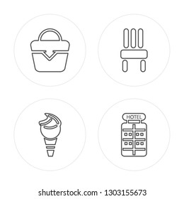 4 line Beach bag, Ice cream, Chair, Hotel modern icons on round shapes, Beach bag, Ice cream, Chair, Hotel vector illustration, trendy linear icon set.
