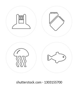 4 line Beach volleyball, Jellyfish, Towel, Fish modern icons on round shapes, Beach volleyball, Jellyfish, Towel, Fish vector illustration, trendy linear icon set.