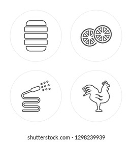 4 line Beehive, Hose, Orange, Rooster modern icons on round shapes, Beehive, Hose, Orange, Rooster vector illustration, trendy linear icon set.