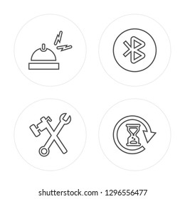4 line Bell, Settings, Play, Waiting modern icons on round shapes, Bell, Settings, Play, Waiting vector illustration, trendy linear icon set.