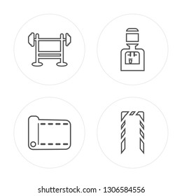 4 line Bench press, Mat, Water machine, Rope modern icons on round shapes, Bench press, Mat, Water machine, Rope vector illustration, trendy linear icon set.