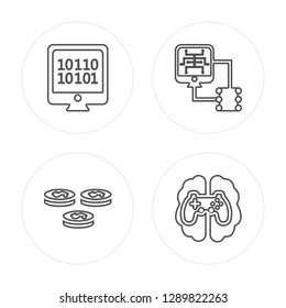 4 line Binary code, Coins, Database, Gaming modern icons on round shapes, Binary code, Coins, Database, Gaming vector illustration, trendy linear icon set.