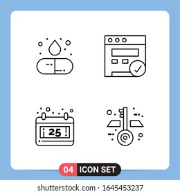 Símbolos de esquema del paquete de iconos negros de 4 líneas para aplicaciones móviles aisladas en fondo blanco. Juego de 4 iconos.