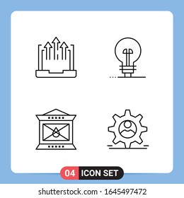 Símbolos de esquema del paquete de iconos negros de 4 líneas para aplicaciones móviles aisladas en fondo blanco. Juego de 4 iconos.