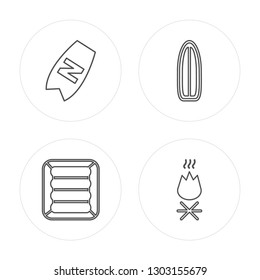 4 line Bodyboard, Air mattress, Surfboard, Bonfire modern icons on round shapes, Bodyboard, Air mattress, Surfboard, Bonfire vector illustration, trendy linear icon set.