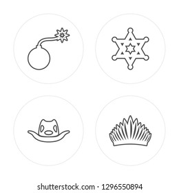 4 line Bomb, Cowboy hat, Sheriff, Indian modern icons on round shapes, Bomb, Cowboy hat, Sheriff, Indian vector illustration, trendy linear icon set.