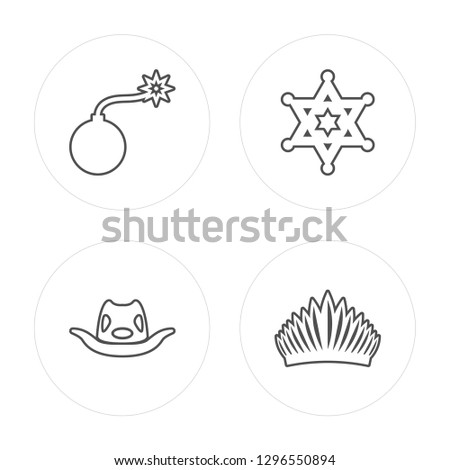 4 line Bomb, Cowboy hat, Sheriff, Indian modern icons on round shapes, Bomb, Cowboy hat, Sheriff, Indian vector illustration, trendy linear icon set.