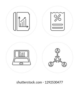 4 line Book, Analytics, Bill, Hierarchical structure modern icons on round shapes, Book, Analytics, Bill, Hierarchical structure vector illustration, trendy linear icon set.