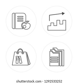 4 line Book and apple, Bag of books, Bars, Archives modern icons on round shapes, Book and apple, Bag of books, Bars, Archives vector illustration, trendy linear icon set.