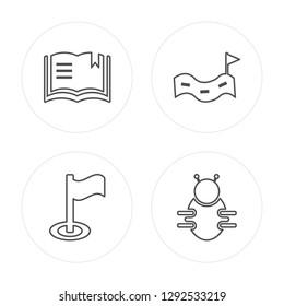 4 line Book, Flag point, Location flag, Virus modern icons on round shapes, Book, Flag point, Location flag, Virus vector illustration, trendy linear icon set.