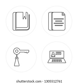 4 line Book, Key, Document, Laptop modern icons on round shapes, Book, Key, Document, Laptop vector illustration, trendy linear icon set.