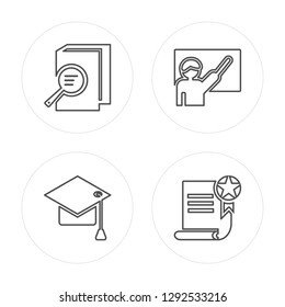 4 line Book and magnifying, University modern icons on round shapes, Book and magnifying, University, vector illustration, trendy linear icon set.