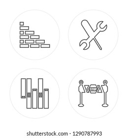 4 line Brick wall, Parquet, Tools, Barrier modern icons on round shapes, Brick wall, Parquet, Tools, Barrier vector illustration, trendy linear icon set.