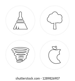 4 line Broom, Storm, Tree, Apple modern icons on round shapes, Broom, Storm, Tree, Apple vector illustration, trendy linear icon set.