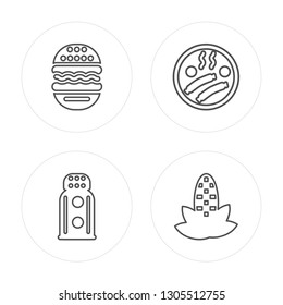 4 line Burger, Salt shaker, Sausage, Corncob modern icons on round shapes, Burger, Salt shaker, Sausage, Corncob vector illustration, trendy linear icon set.