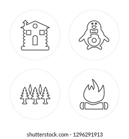 4 line Cabin, Forest, Penguin, Bonfire modern icons on round shapes, Cabin, Forest, Penguin, Bonfire vector illustration, trendy linear icon set.