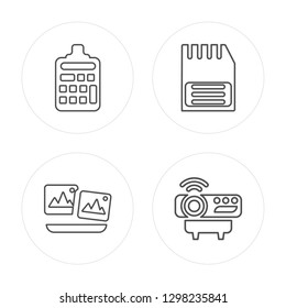 4 line Calculator, Picture, Memory Card, Projector modern icons on round shapes, Calculator, Picture, Memory Card, Projector vector illustration, trendy linear icon set.