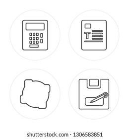 4 line Calculator,  , Text, Save modern icons on round shapes, Calculator,  , Text, Save vector illustration, trendy linear icon set.