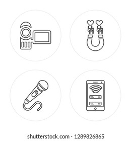 4 line Camcorder, Microphone, Magnet, Phone modern icons on round shapes, Camcorder, Microphone, Magnet, Phone vector illustration, trendy linear icon set.