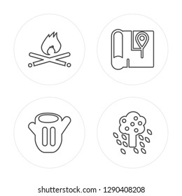 4 line Campfire, Log, Map, Tree modern icons on round shapes, Campfire, Log, Map, Tree vector illustration, trendy linear icon set.