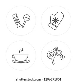 4 line Candy, Hot drink, Mitten, Candy modern icons on round shapes, Candy, Hot drink, Mitten, Candy vector illustration, trendy linear icon set.