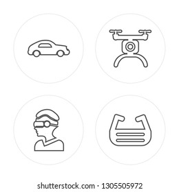4 line Car, Vr glasses, Drone, Ar glasses modern icons on round shapes, Car, Vr glasses, Drone, Ar glasses vector illustration, trendy linear icon set.