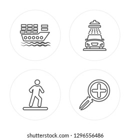 4 line Cargo Boat, Man Walking to right, Car Wash, Zoom Button modern icons on round shapes, Cargo Boat, Man Walking to right, Car Wash, Zoom Button vector illustration, trendy linear icon set.