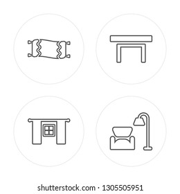 4 line Carpet, Window, Table, Living room modern icons on round shapes, Carpet, Window, Table, Living room vector illustration, trendy linear icon set.