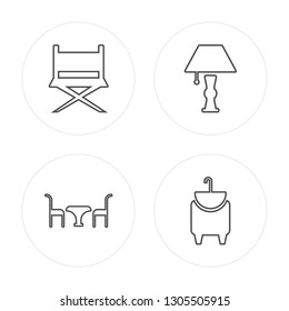 4 line Chair, Table with chair, Lamp, Kitchen sink modern icons on round shapes, Chair, Table with chair, Lamp, Kitchen sink vector illustration, trendy linear icon set.