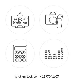 4 line Chalkboard, Calculator, Lunch box, Periodic table modern icons on round shapes, Chalkboard, Calculator, Lunch box, Periodic table vector illustration, trendy linear icon set.