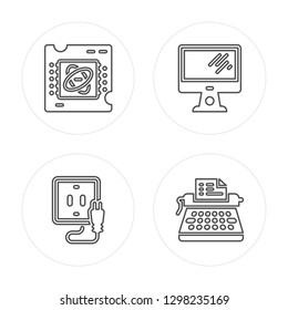 4 line Chip, Plug, Personal Computer, Typewriter modern icons on round shapes, Chip, Plug, Personal Computer, Typewriter vector illustration, trendy linear icon set.