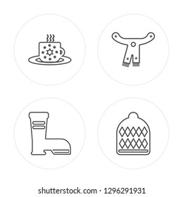 4 line Christmas sock, Boot, Scarf, Winter hat modern icons on round shapes, Christmas sock, Boot, Scarf, Winter hat vector illustration, trendy linear icon set.