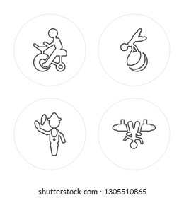 4 line Circus stunt man, Ringmaster man, Acrobat man modern icons on round shapes vector illustration, trendy linear icon set.