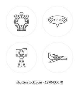 4 line Clock, Camera, Counting, Airplane modern icons on round shapes, Clock, Camera, Counting, Airplane vector illustration, trendy linear icon set.