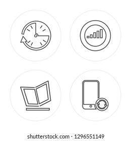 4 line Clock, Open book, Volume, Refresh modern icons on round shapes, Clock, Open book, Volume, Refresh vector illustration, trendy linear icon set.