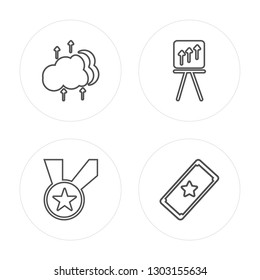 4 line Cloud computing, Medal, Rise, Ticket modern icons on round shapes, Cloud computing, Medal, Rise, Ticket vector illustration, trendy linear icon set.
